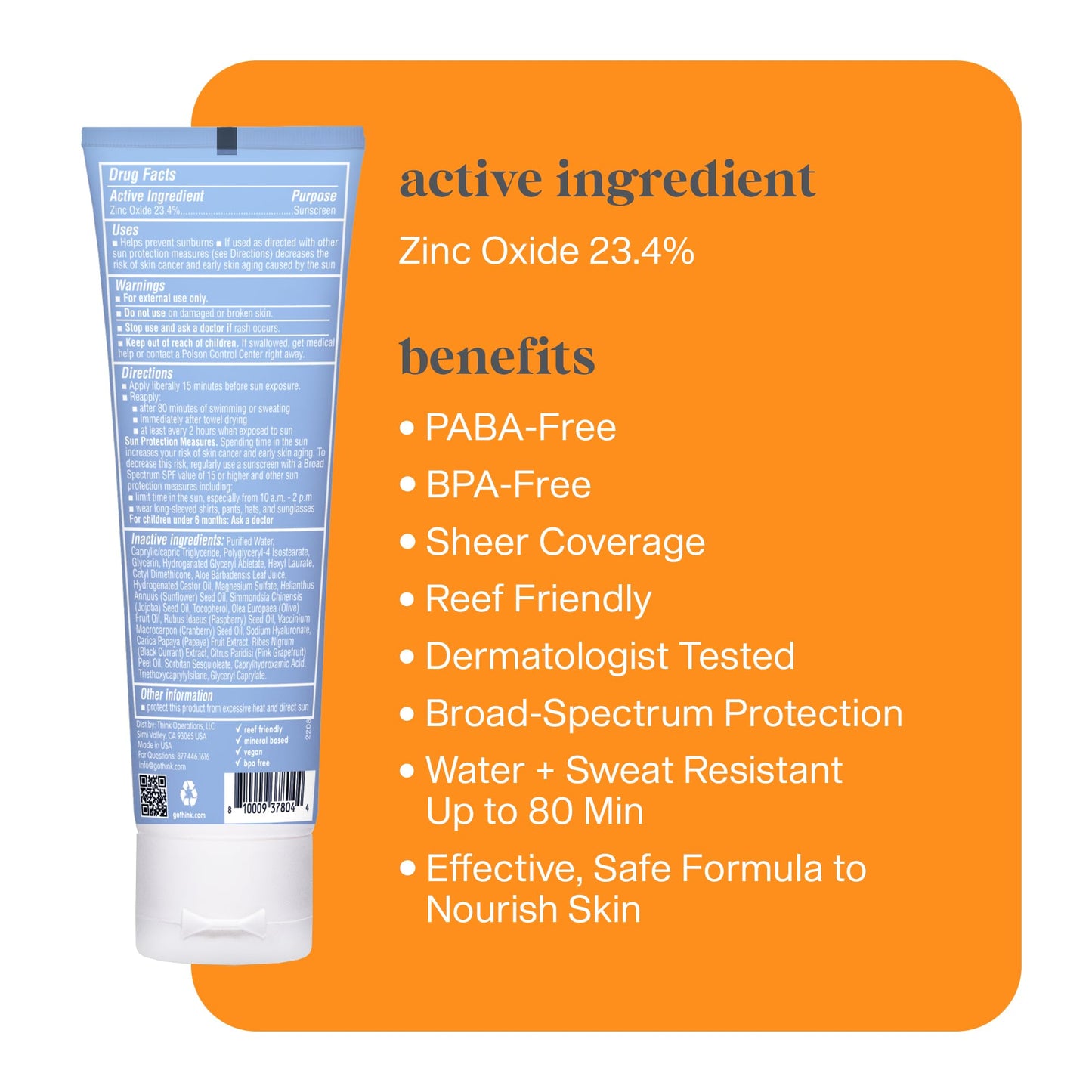 Thinksport Mineral Sunscreen, SPF 50 Clear Zinc Oxide Sunscreen, 3 Fl Oz, Natural, Water Resistant, Reef Safe, Broad Spectrum UV
