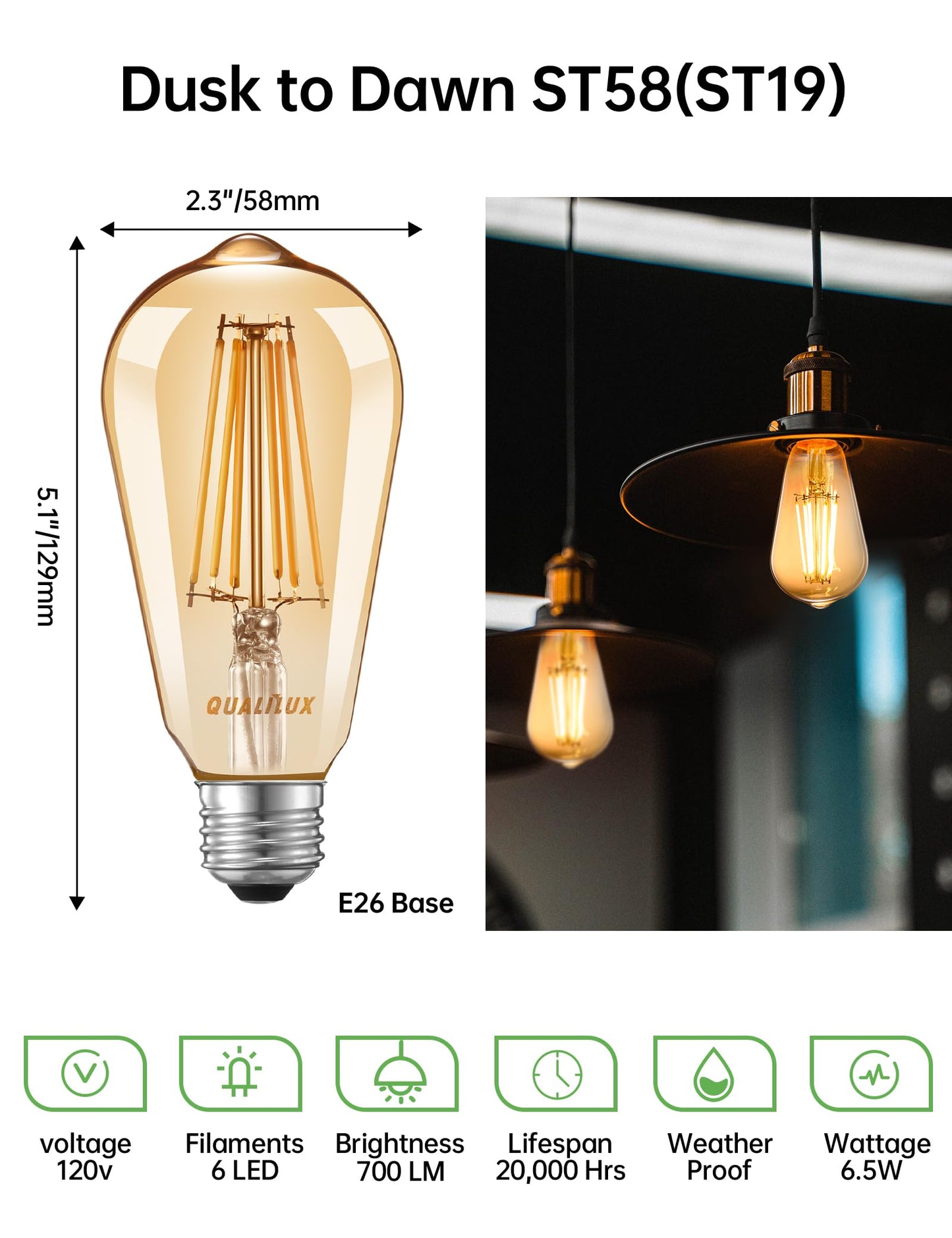 Qualilux Dusk to Dawn Edison Light Bulbs ST19, Vintage Amber Glass, 2300K Amber Warm, 6.5W=60W, Non-Dimmable Auto On/Off Light Sensing LED Filament Bulb Outdoor, 700LM, E26, 2-Pack, HQ-H027