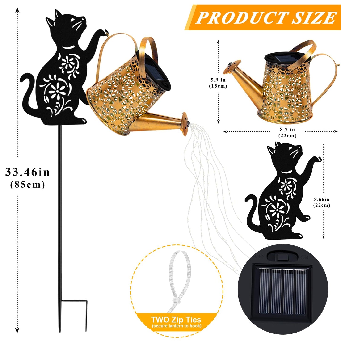 Solar Lights Outdoor Decorative  Watering Can With Cascading Lights  With Cat Silhouette Garden Stakes  Waterproof Metal Garden Decor For Yard Art  Outside  Patio  Lawn Ornaments