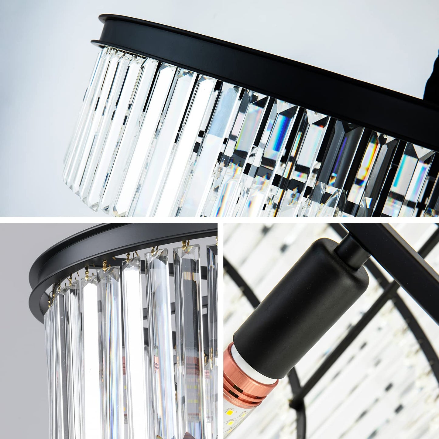 Laiuetai Black Modern Crystal Chandelier  2-Tier Round Flush Mount Ceiling Light Fixtures Height Adjustable Pendant Lighting For Dining Room Living Room Bedroom Kitchen Hotel Foyer