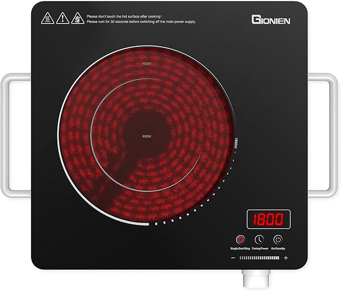 GIONIEN Electric Cooktop 1 Burner 110V, Portable Electric Stove with Handle, Ceramic Countertop Burner, Knob Control, ‌3-hour Timer, Safety Lock,3 Heat Modes,1800W
