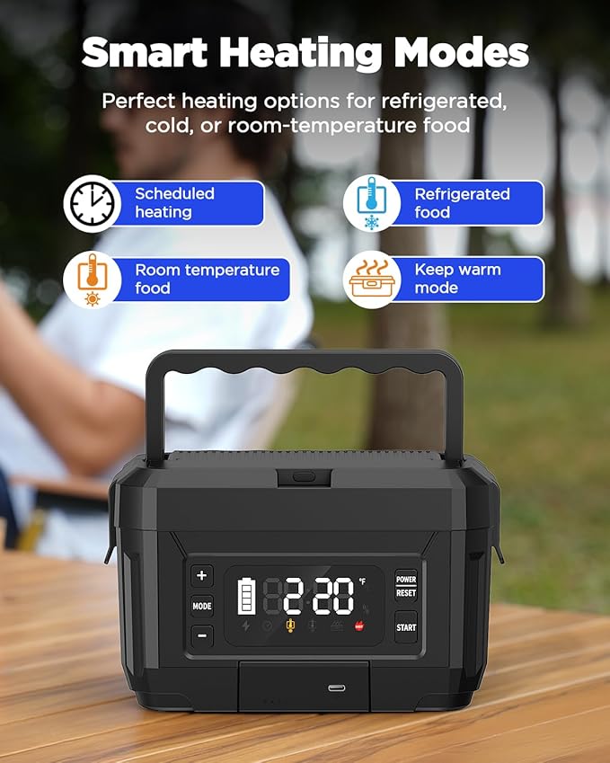 Cordless Electric Lunch Box for Adults – 1.2L Stainless Steel Self-Heating Lunch Box with 20000mAh Removable Rechargeable Battery, Portable Heated Food Warmer for Work, Travel & Office(black