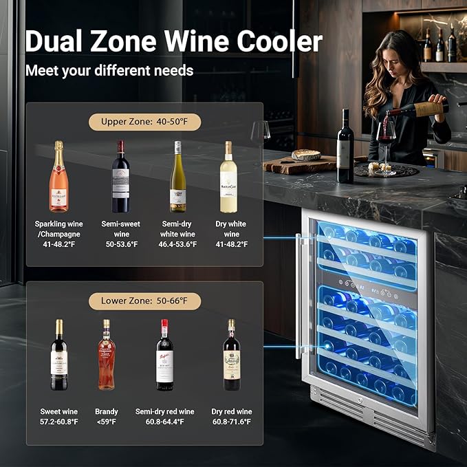BODEGA 24 Inch Wine Cooler Refrigerator, 46 Bottle Dual Zone Wine Fridge with Double-Layer Tempered Glass Door,wine refrigerator with Temperature Memory Function, Built-in or Freestanding wine cooler.