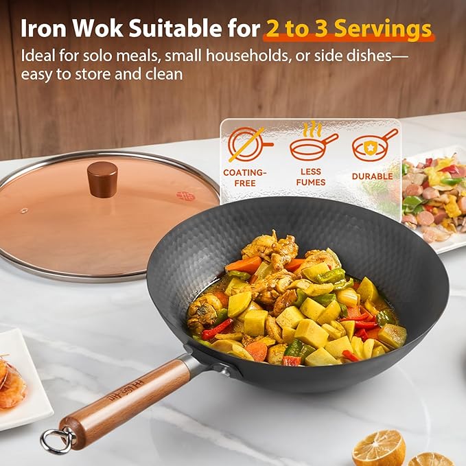 WANGYUANJI 12.6 Inch Carbon Steel Wok with Lid, Flat Bottom Uncoated Lightweight Wok Pan with Wooden Handle for Stir-Fry, Gas, Electric and Induction