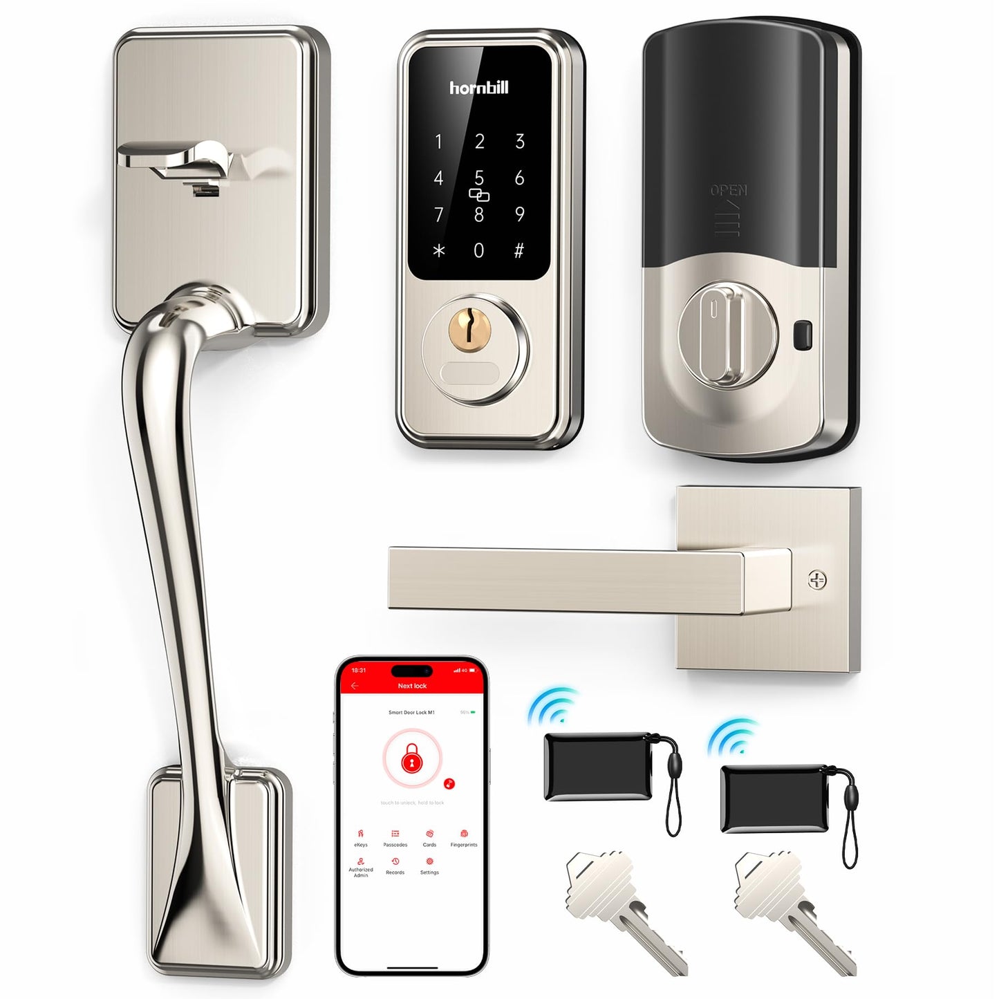 Smart Locks for Front Door, Hornbill Keyless Entry Door Lock Deadbolt with Handle Set, App Control, Touchscreen Keypad, Bluetooth Keyfobs Code Unlock, Satin Nickel