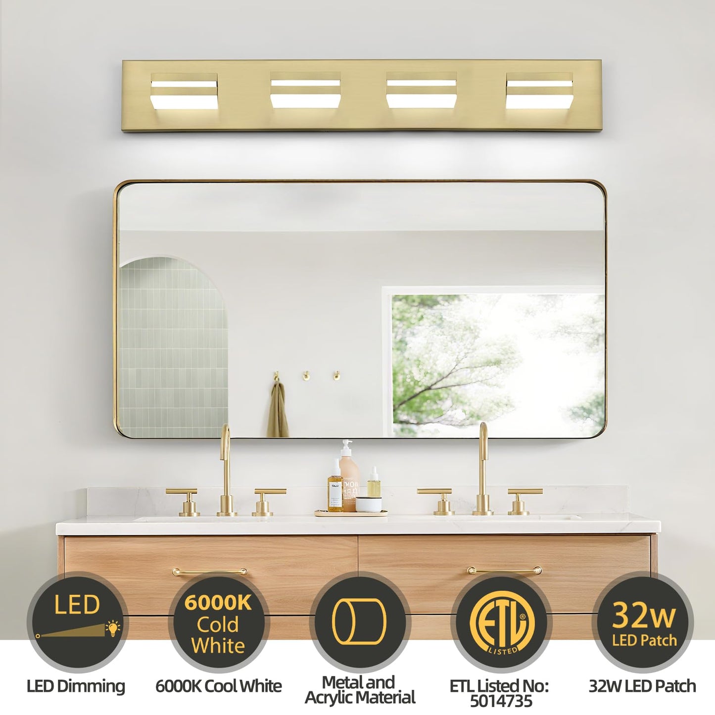OKELI Bathroom Vanity Light Fixture, 5 Lights, 350? Rotatable, 24W, Gold Dimmable, Model OK-9553-4T-GL, Modern Wall Mounted