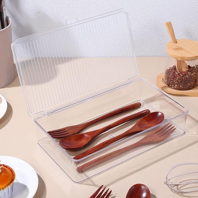 Transparent Flatware Tray Kitchen Drawer Organizer With Lid, Plastic Kitchen Cutlery Tray and Utensil Silverware Storage Container with Cover, Multi-Purpose Storage Box for Bathroom, Office, and Dorm