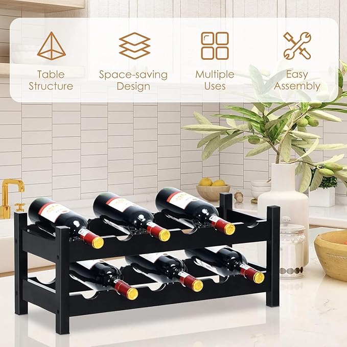 COSTWAY Wine Rack Countertop, 12 Bottles Bamboo Wine Holder, 2-Tier Freestanding Wine Storage Cabinet Shelf for Home, Kitchen, Bar, Pantry, Wine Cellar, Easy-Assembly, Brown (24.5L x 9.5W x 10H)