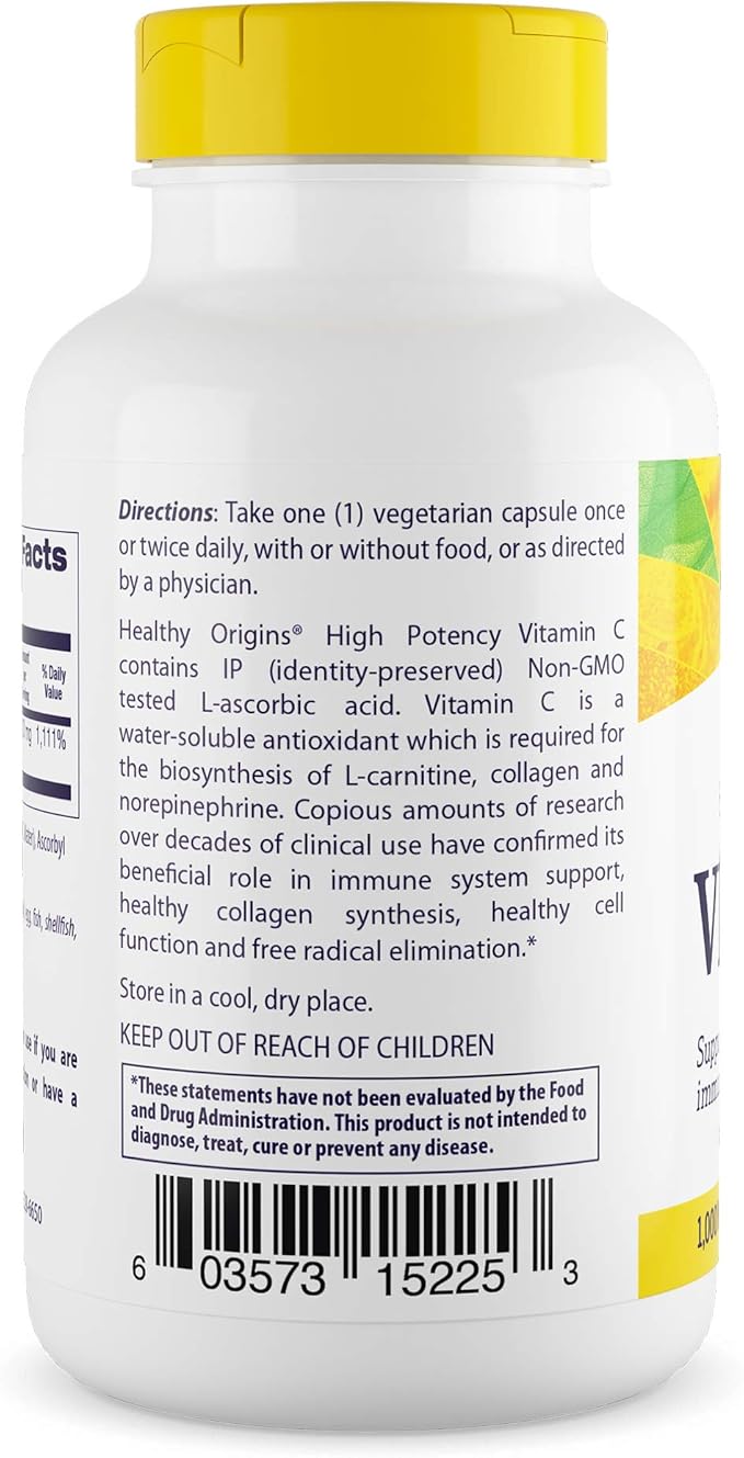 Healthy Origins Vitamin C 1,000 mg (Non-GMO Tested, High Potency, Immune Support, Vegan), 120 Veggie Caps