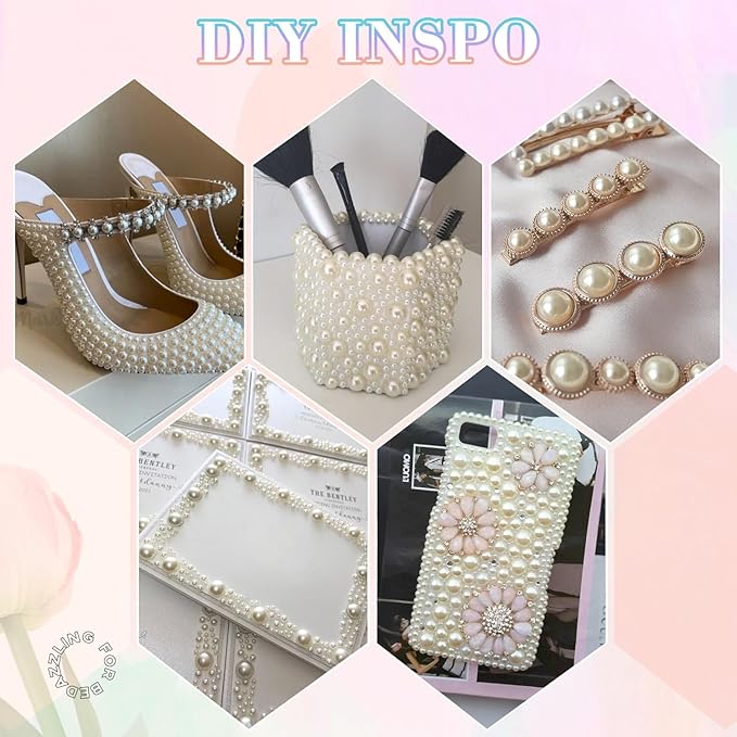 13500Pcs Flatback Pearls for Bedazzling (Beige) with B7000 Jewelry Glue, Assorted Size 2/3/4/5/6/8/10mm Half Pearl, Bedazzling Gems for Crafting Clothing Tumbler Shoes Embellishment Nail Art