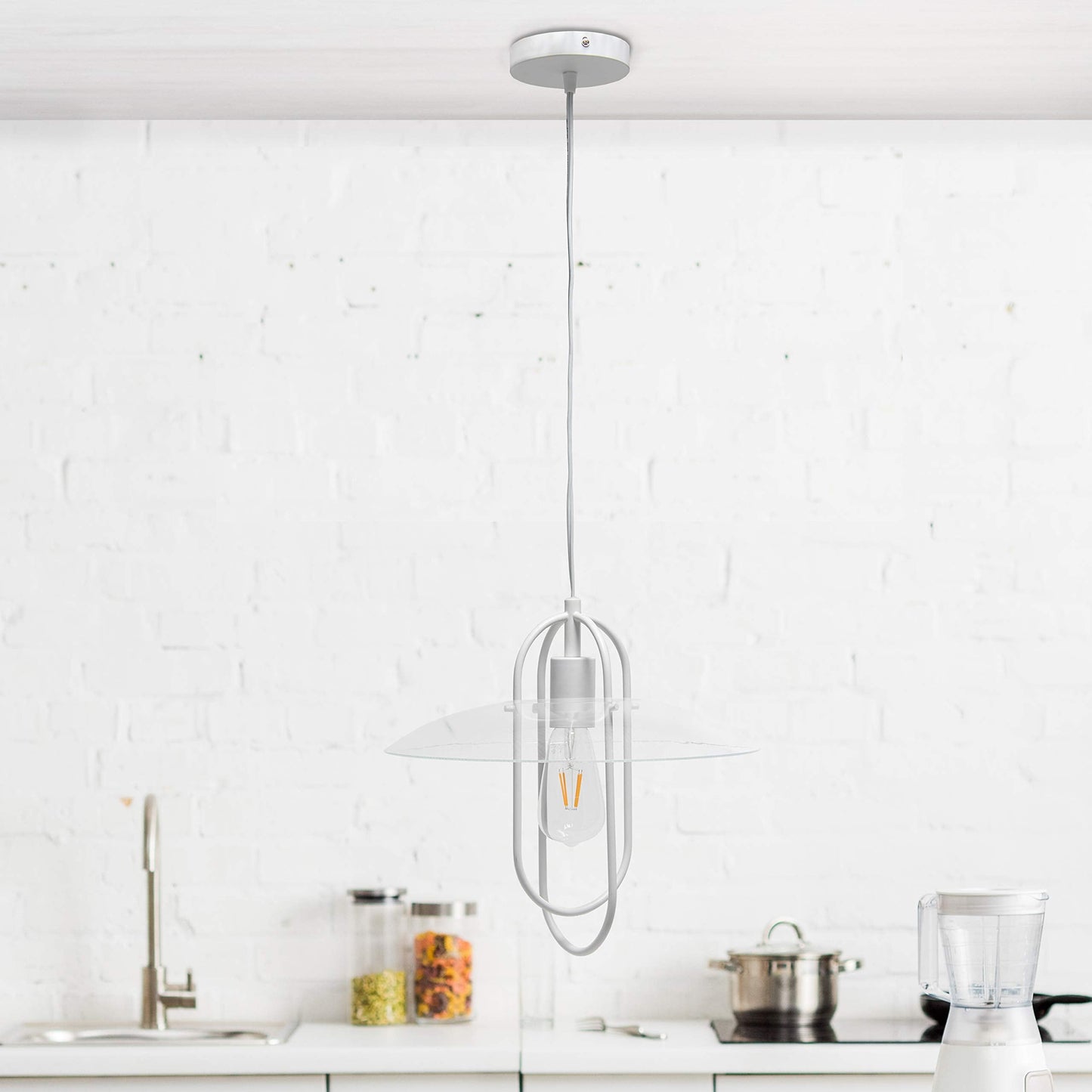 Simple Designs PT1008-WHT Modern Metal Pendant Light, White, Iron Construction