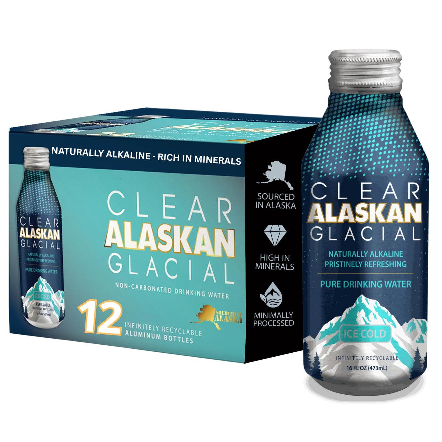 Clear Alaskan Fresh Glacier Water  Naturally Alkaline - Bottled in Aluminum with No Plastic | 16 Fl Oz (473 ml) - Pack of 12 | Natural glacial mineral water  bottled at the source in aluminum bottles