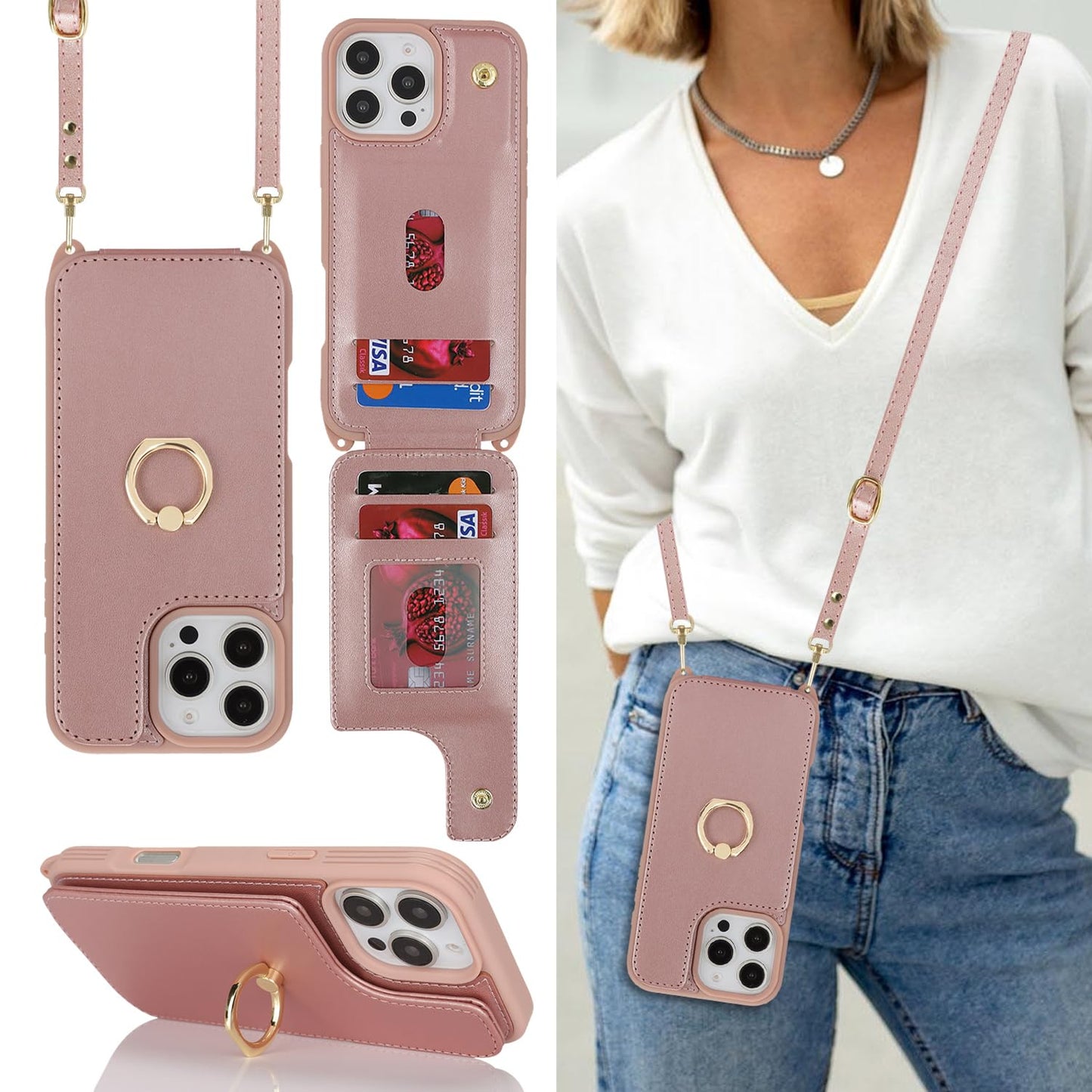 Lipvina For Iphone 16 Pro Case With Card Holder And Strap For Women,Crossbody Lanyard,Ring Stand,Snap Clasp,Cute Phone Wallet Ca
