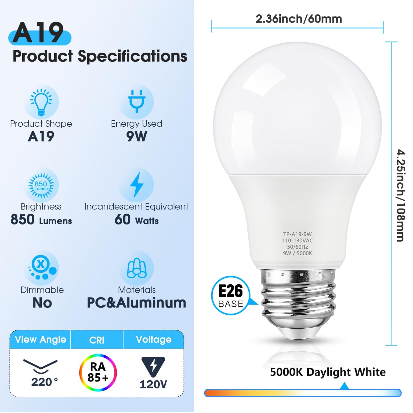 Maylaywood 24-Pack A19 LED Light Bulbs, 60W Equivalent, Daylight White 5000K, E26 Base, 850 Lumen, Non-Dimmable, 9W Bright White LED Bulb