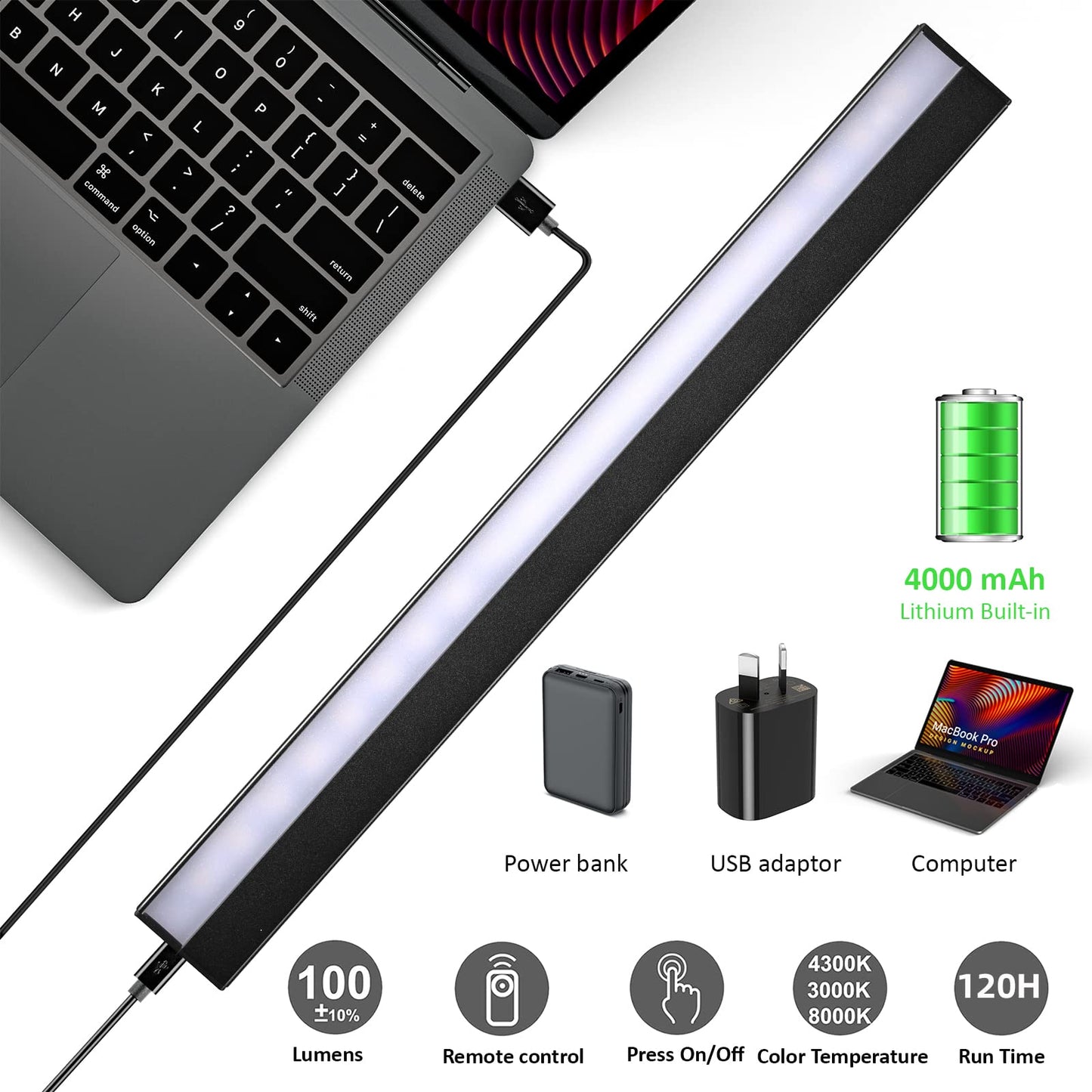MIOBLUE Wireless Picture Light, 16 Inch Dimmable Metal Accent Light, Rechargeable with Remote Control, Black, Model HD-b-GM