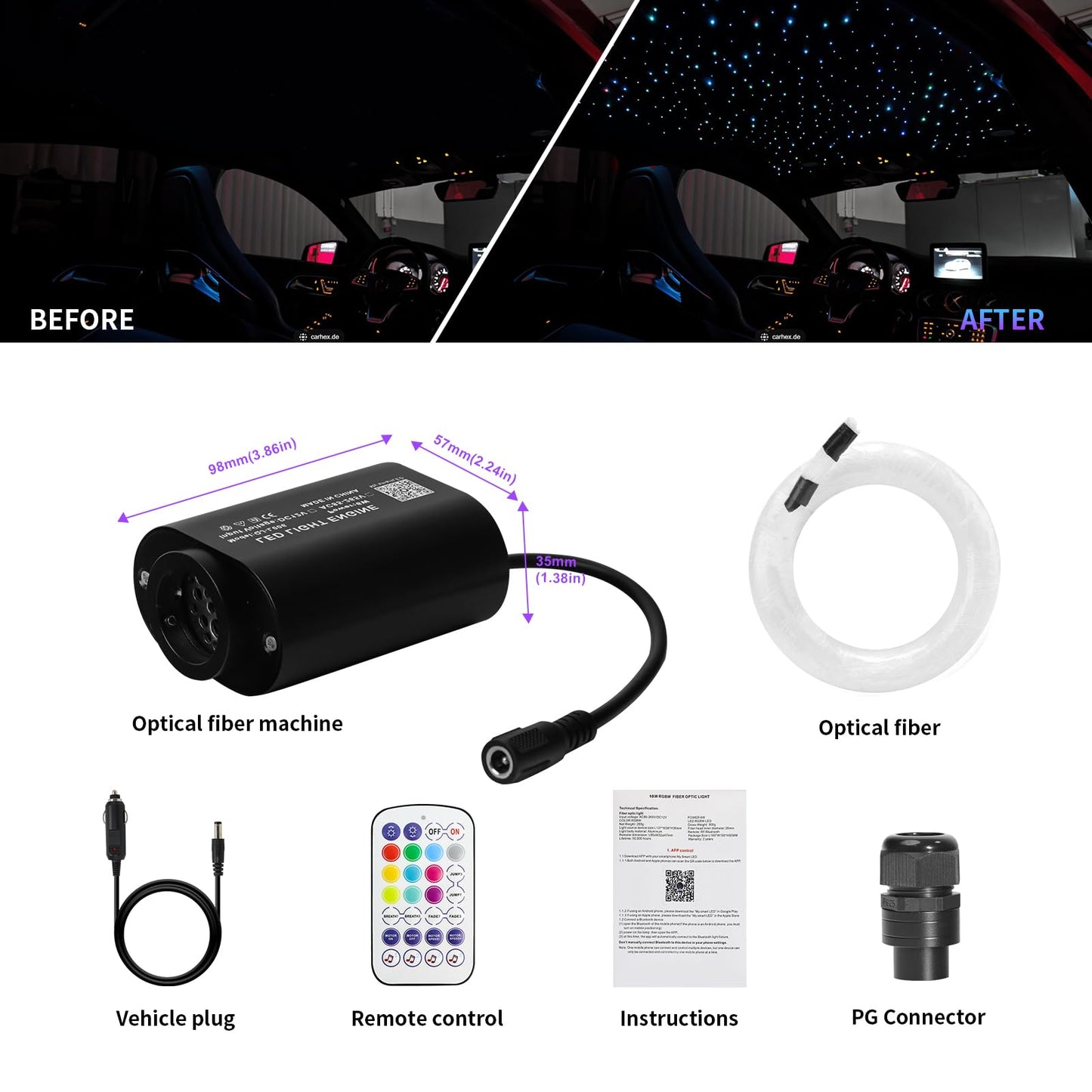 WEBUPAR 6W Car Twinkle Fiber Optic Starlight Headliner Kit, 400pcs, Multi-color, Model QJ-L006, Sound-Activated with APP & Remote Control