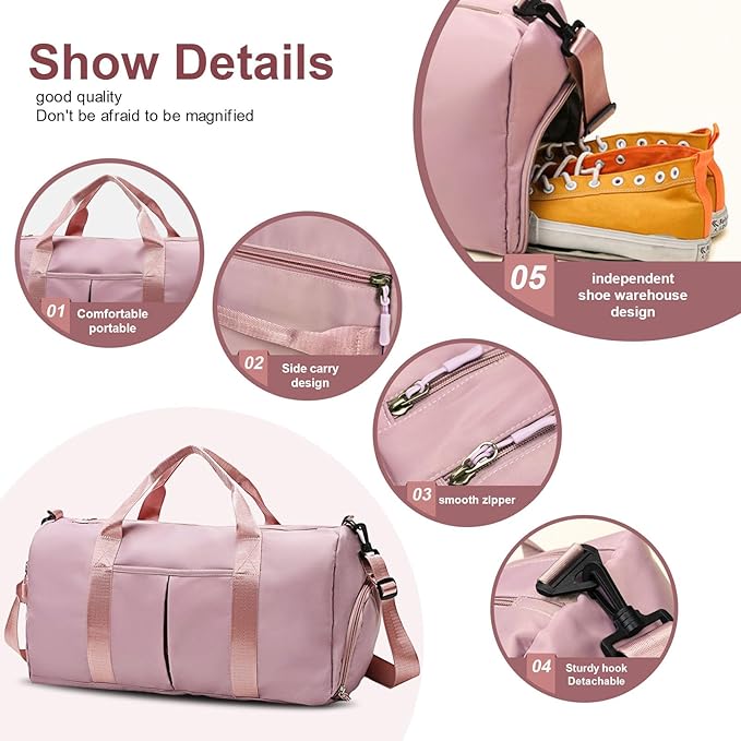 ZGWJ Sports Gym Bag with Wet Pocket & Shoes Compartment, Waterproof Shoulder Weekender Bag for Women and Men Swim Sports Travel Gym Bag Lightweight and easy Carry on Pink