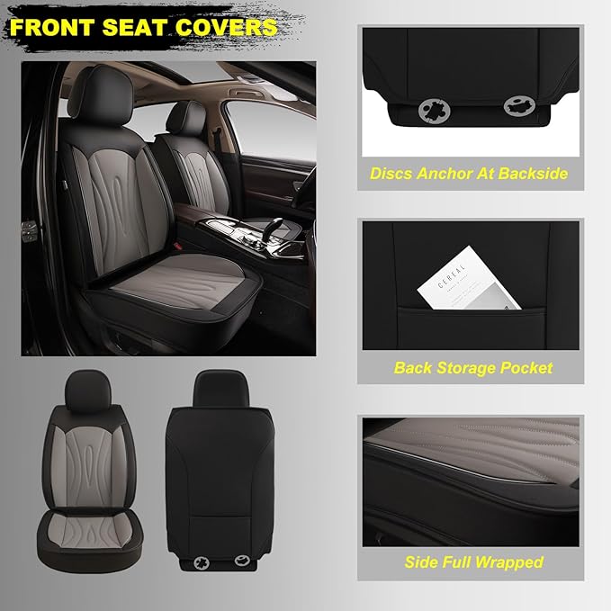 Front Car Seat Covers 2-Piece Set Fit for Ford Edge 2007-2026, Non-Slip Laux Leather Waterproof Seat Covers(Black&Grey,2PCS Front)