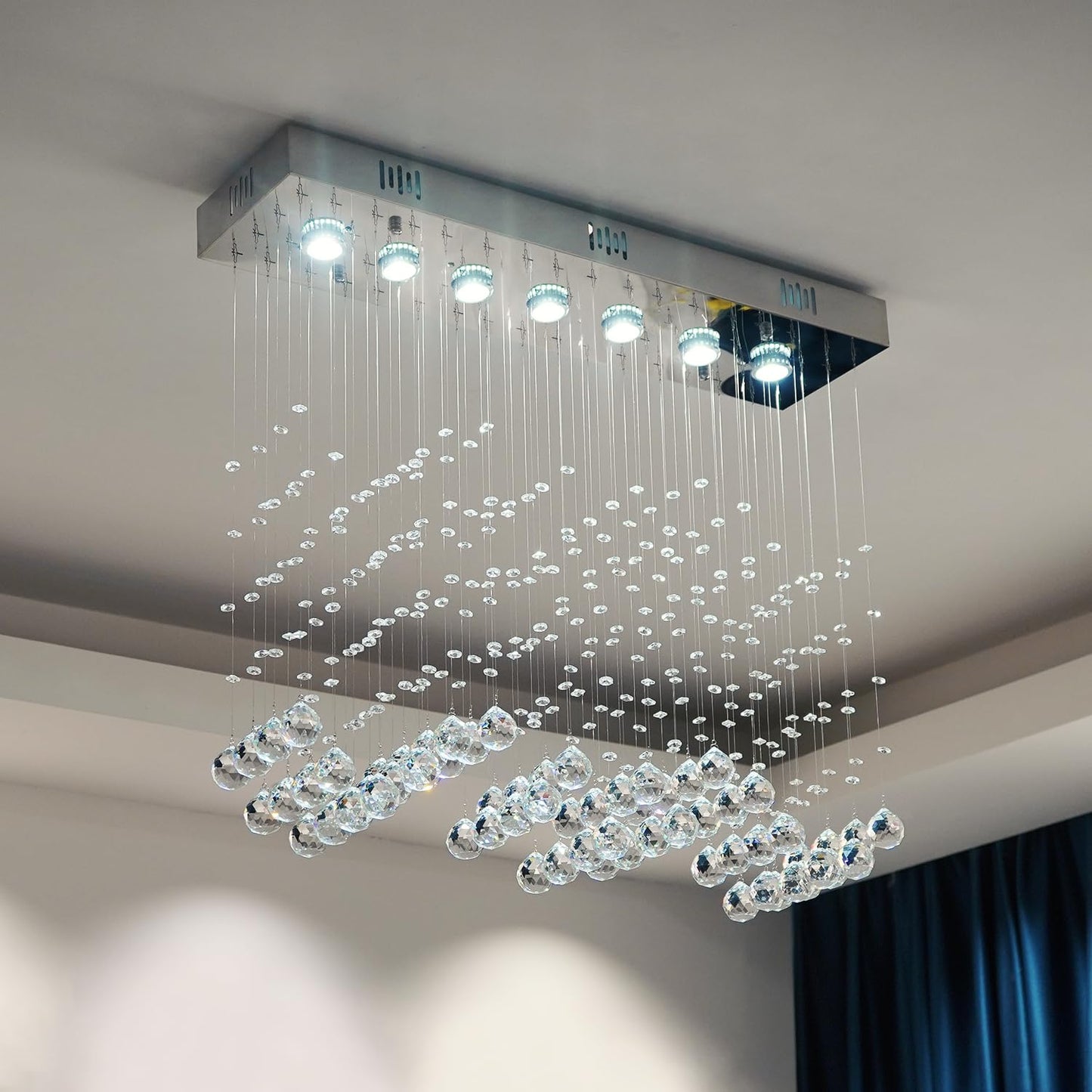 Crystop Contemporary Rectangular Chandelier, 7-Light Raindrop Pendant, 23.6X9.8X27.6, Silver, Crystal Ceiling Light For Dining Room/Kitchen