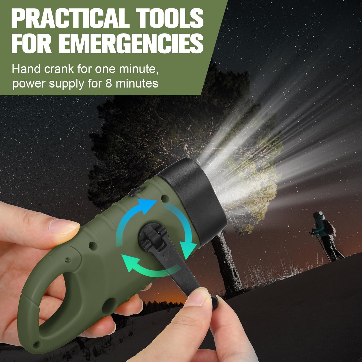 Mudder 6 Pcs Hand Crank Solar Powered Flashlights Emergency Rechargeable Led Handheld Flashlights For Survival Gear Outdoor Sports Camping Hiking Backpack Safety (Green)