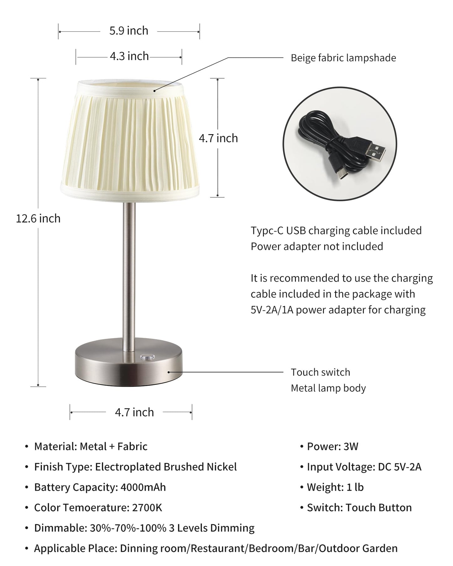 Pusu 2 Pack Cordless Led Nickel Table Lamps  Rechargeable 4000Mah 3 Way Dimmable Bedside Small Lamp With Fabric Shade  Lighting For Bedroom  Kids Room  Bathroom  Kitchen  Decor  Gift  Night Light