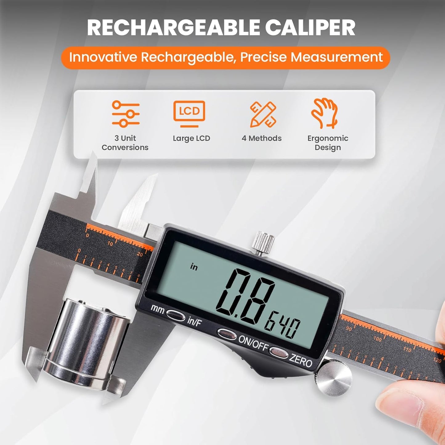 HARDELL Digital Caliper 12 Inch, Rechargeable Calipers with Large LCD Screen, Stainless Steel Digital Caliper Measuring Tool, Auto-Off, Inch/MM/Fraction for DIY/Household/3D-printing