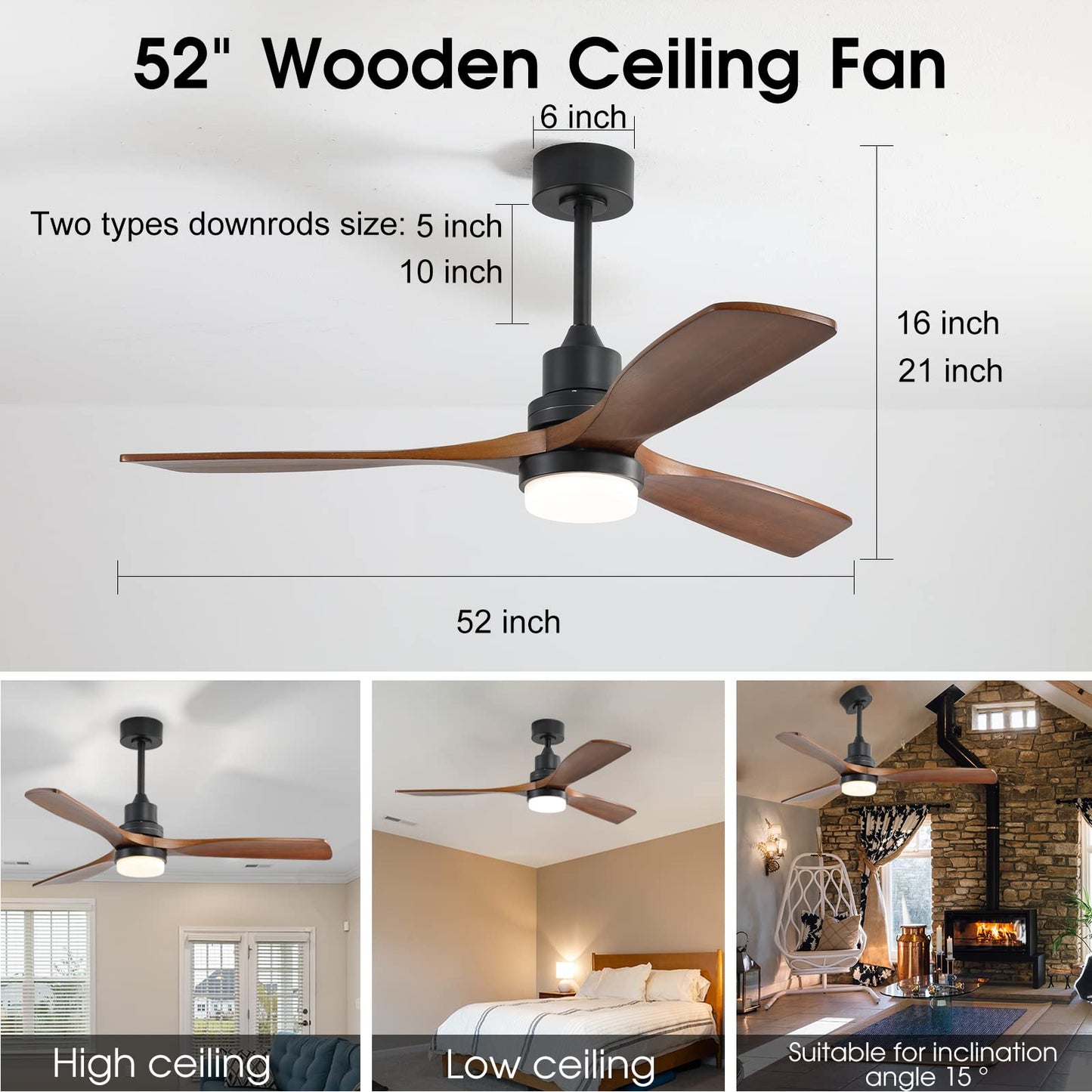 E Energetic Lighting 52 Ceiling Fan With Lights Remote Control, 3 Walnut Fan Blades Reversible Noiseless Dc Motor Modern Wood Ce