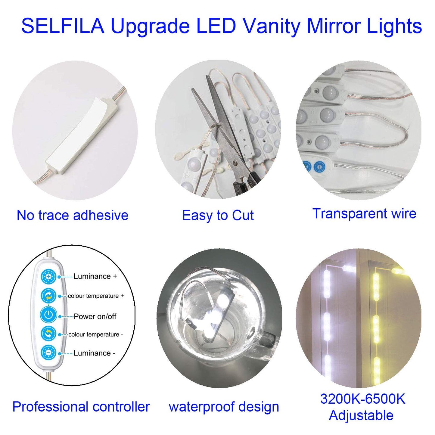 selfila LED Vanity Mirror Lights Kit, Dimmable, 11ft, White, Model SF601-15, PVC Material, Hollywood Style