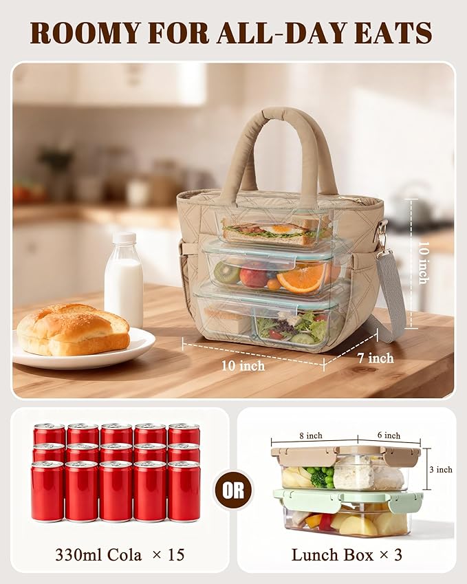 Insulated Lunch Box for Women Men, Soft & Puffy Lunch Bag, Large Capacity Leakproof Reusable Tote Cooler Bag with 4 Pockets, Adjustable Strap, Ideal for Work, Outdoors, Picnic, Travel (Khaki)