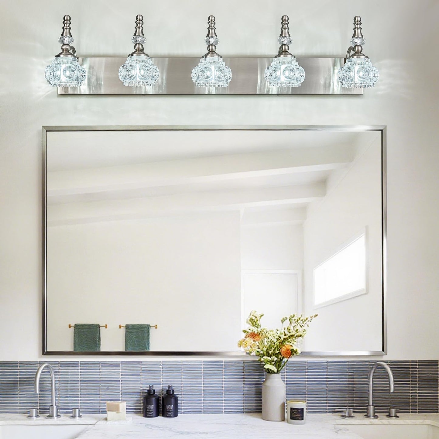 Lbsqj Modern Glass Crystal Vanity Light - Vintage Bathroom Lighting Fixtures Over Mirror  5 Light Vanity Lights G9 Bulb (35.43 Inch  Nickel)
