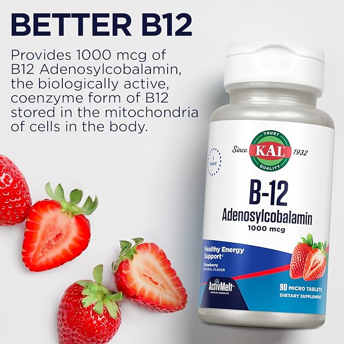 KAL Vitamin B12 Adenosylcobalamin 1000 mcg - B 12 Vitamin, Active B-12 1000mcg for Women & Men, Energy Support - Strawberry Flavor - 90 ActiveMelt Micro Tablets