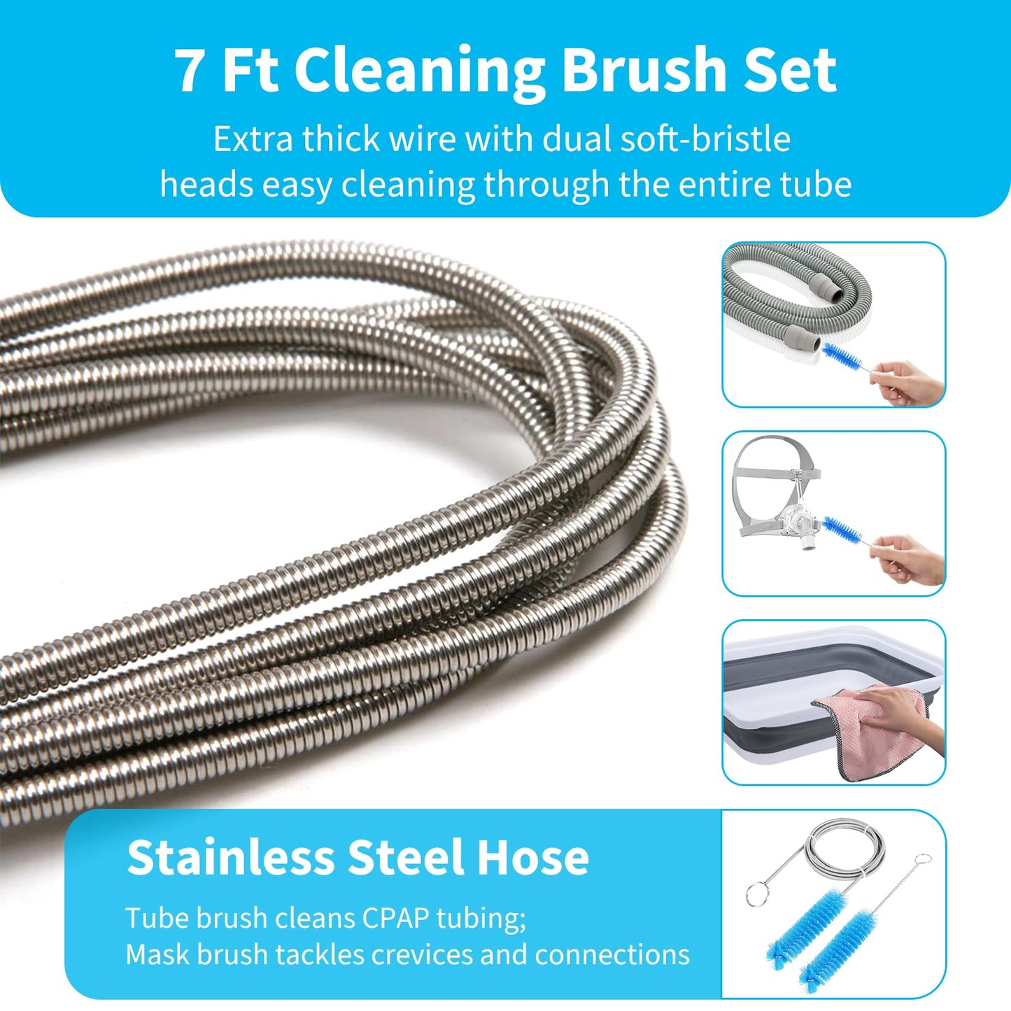 XGKHOM Upgraded CPAP Cleaning Kit, 7 ft Tube CPAP Cleaner Brushes for 15mm, 20mm and 22mm Hoses, CPAP Cleaning Supplies for Hose and Mask, Includes Collapsible Wash Basin, Hose Holder Hangers & Clips