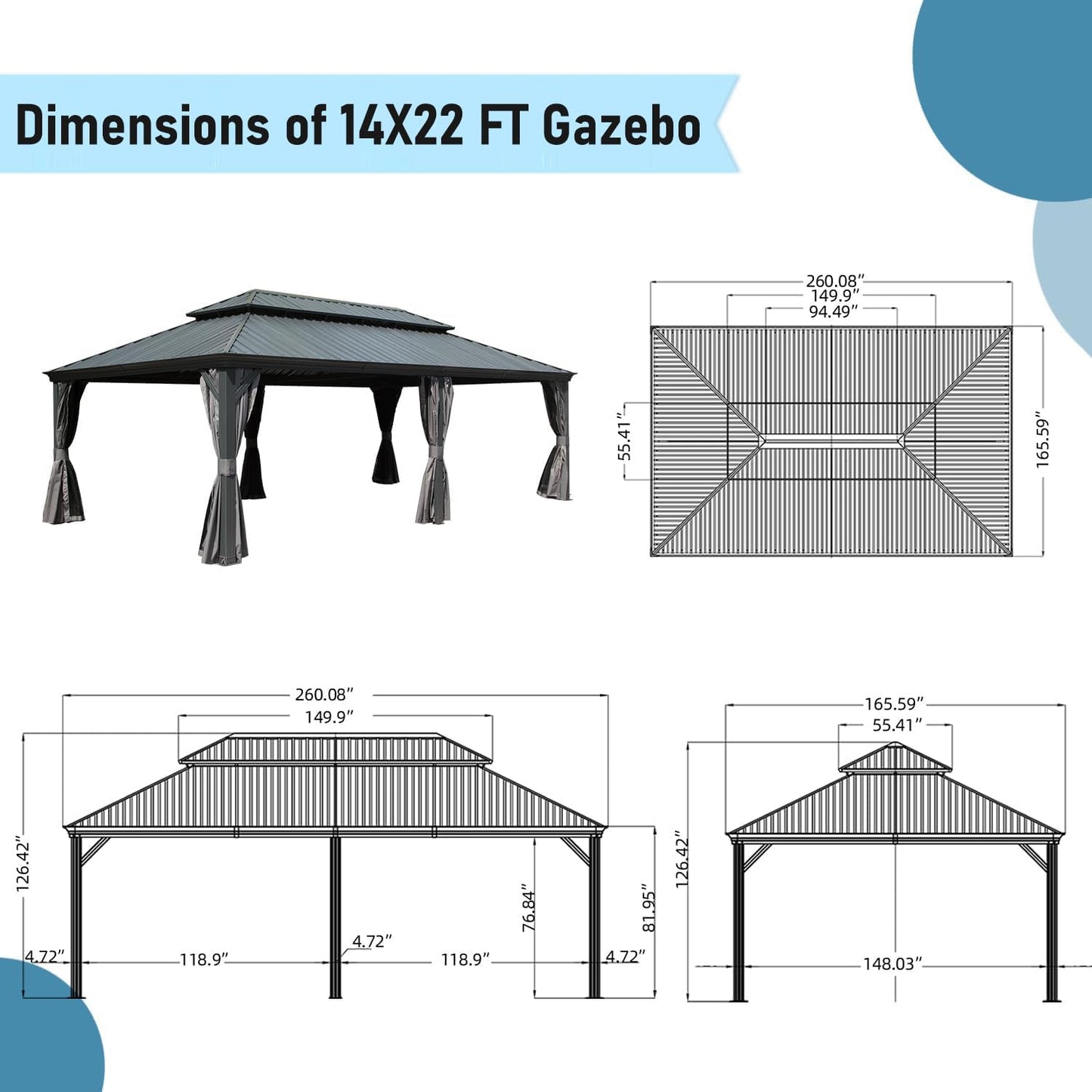 Ginkartu Hardtop Gazebo, Outdoor Gazebo with Galvanized Steel Double Roof, Aluminum Frame, Built-in Gutter System, Curtain and Netting, Metal Gazebo Pavilion for Patio Deck Garden, Grey