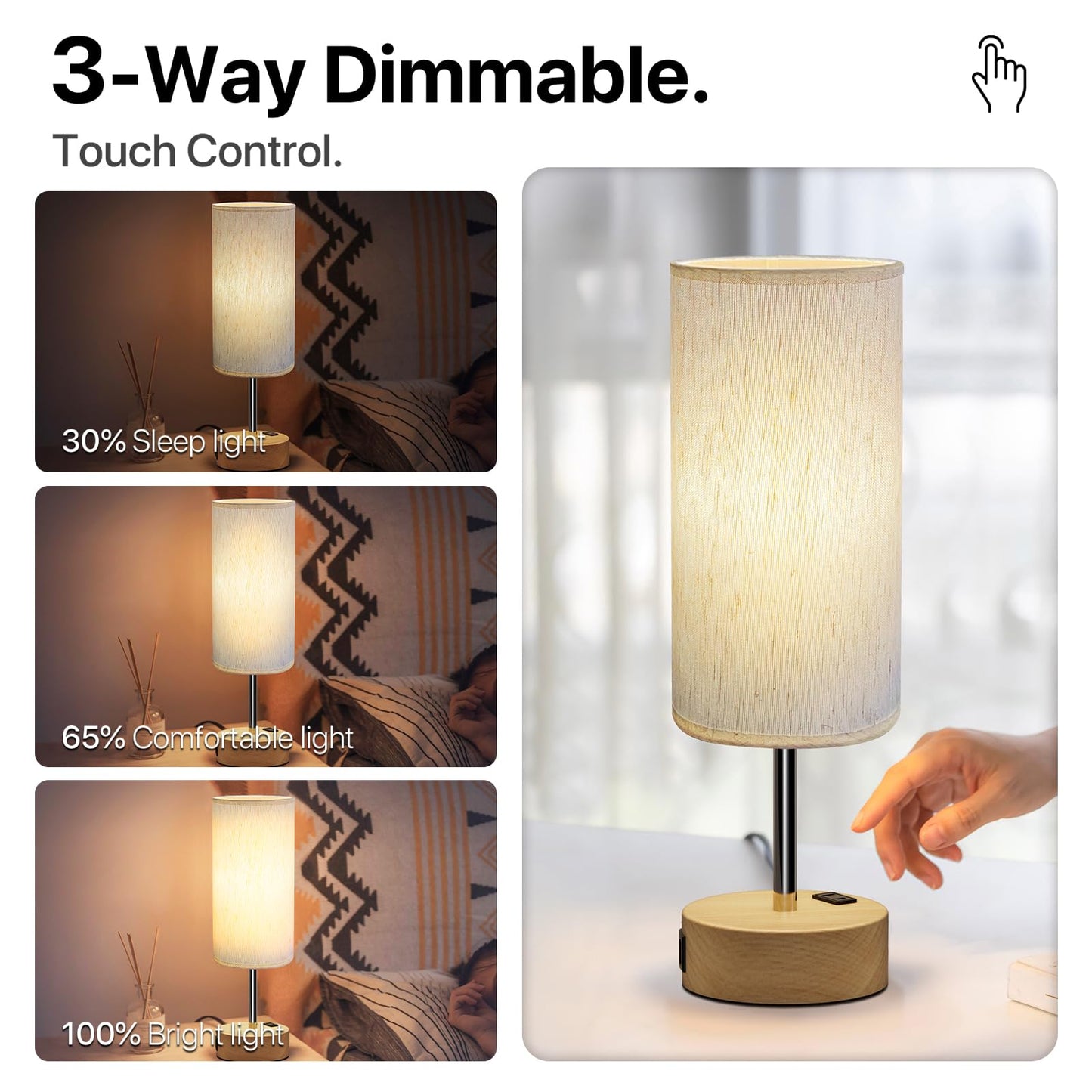 KPQ Touch Control Table Lamp with USB Charging Ports, 3-Way Dimmable, 14in Small Size, Grey Shade-Silver Base