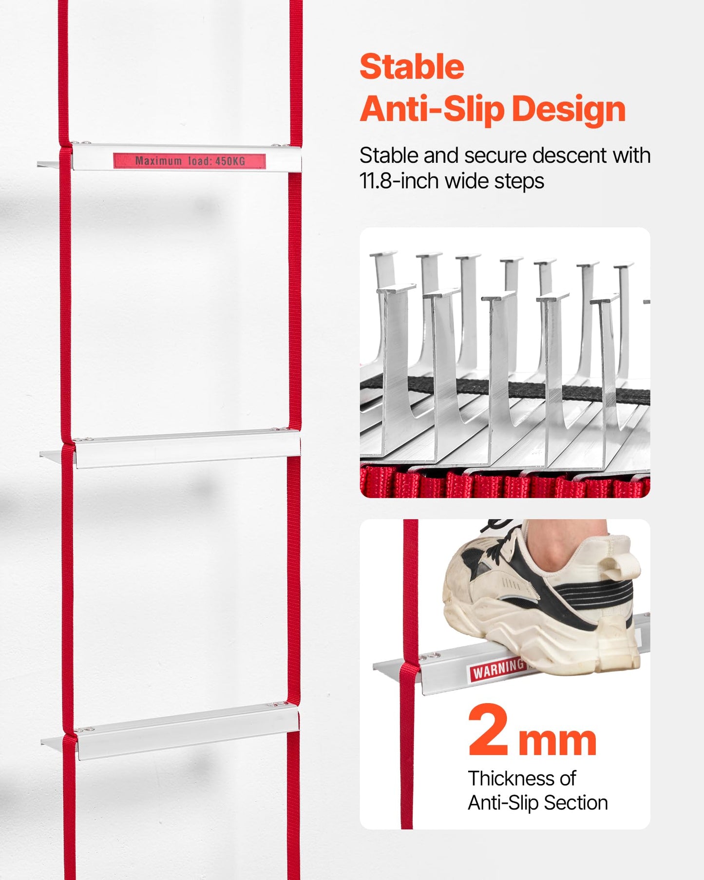 VEVOR Fire Escape Ladder, 5-6 Story 50FT Retractable Emergency Fire Ladder, Lightweight Aluminum Alloy Safety Escape Ladders with Sturdy Polyester Strap, Anti-Slip & Wide Rungs, 1000LBS Max Loading