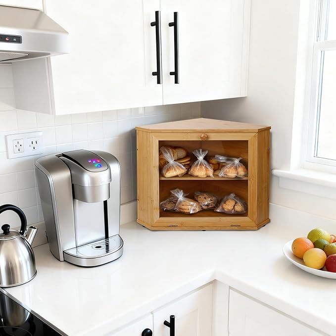 Bamboo Corner Bread Box for Kitchen Countertop, Log Bread Storage Box, Double-Layer Round Wooden Breadbox with Acrylic Transparent Window installed under cabinets, Store Various Foods and Items