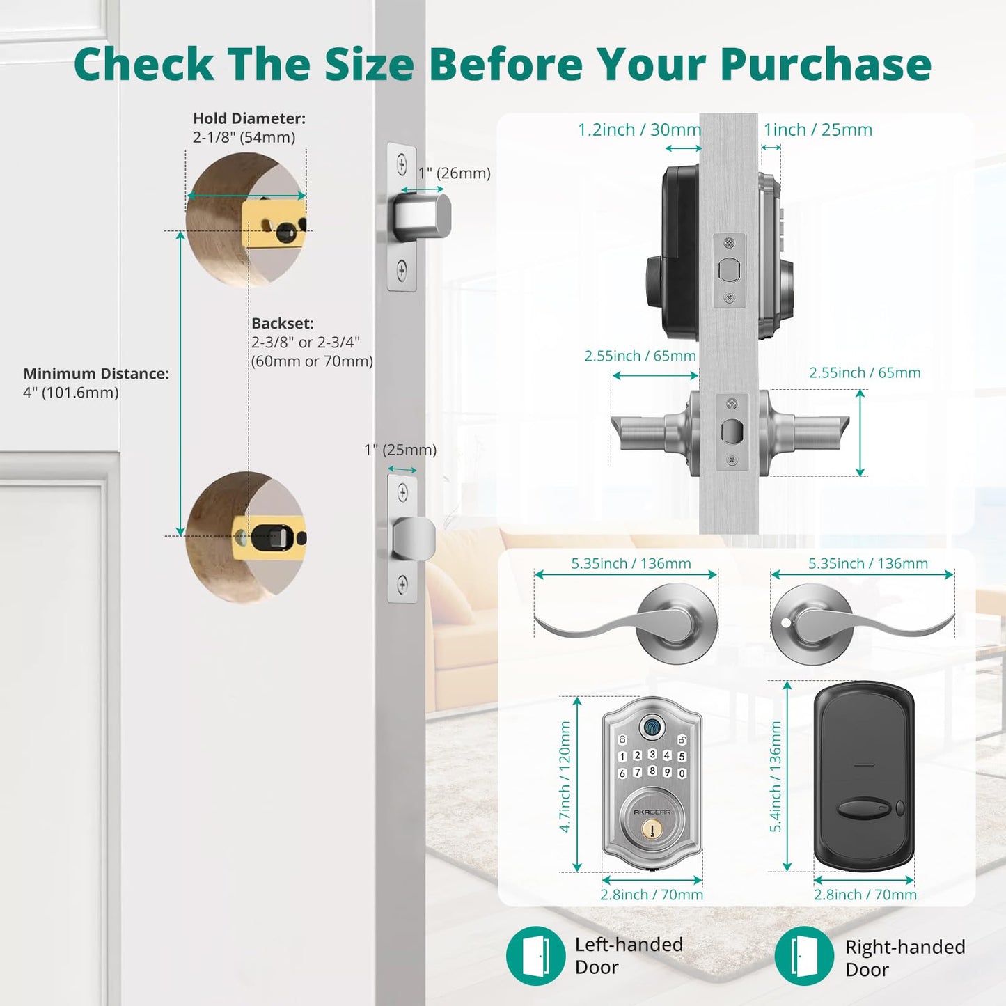 AkaGear DS10 Pro Keyless Entry Door Lock with Handle - 2 Lever Handles, Bluetooth APP Control, Fingerprint Door Locks, Electronic Keypad Deadbolt Lock, Smart Doors Lock, Auto-Lock, Satin Nickel