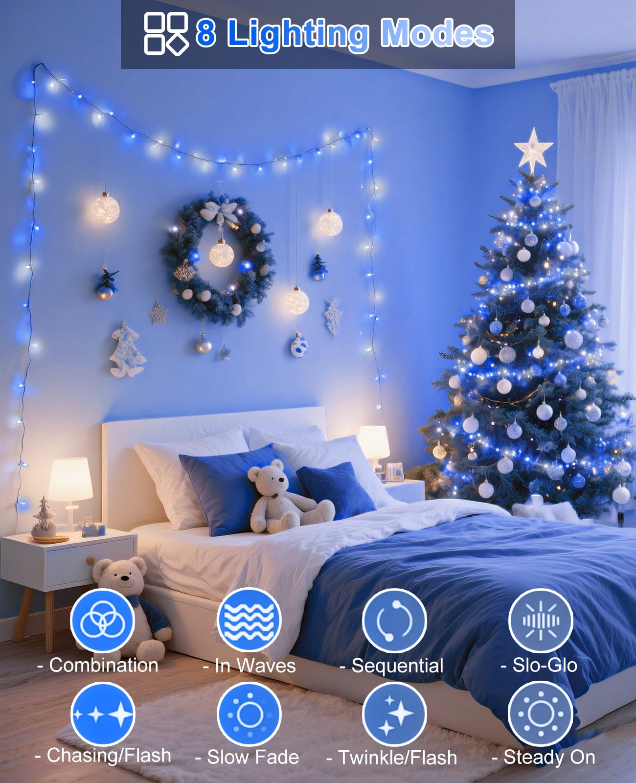 157Ft 480 Led Christmas Lights Outdoor  Christmas Tree Lights Waterproof  8 Modes Plug In Fairy String Light For Indoor Bedroom Garden Patio Xmas Party Decorations  Blue White