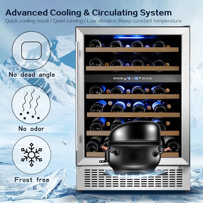 AAOBOSI 24 Inch 51 Bottles Wine Fridge, 41-64.4°F Dual Zone Wine Cooler, 6 Adjustable Shelves，Visualized Temperature Regulation，Temperature Memory Function，Double-Layer Glass Door