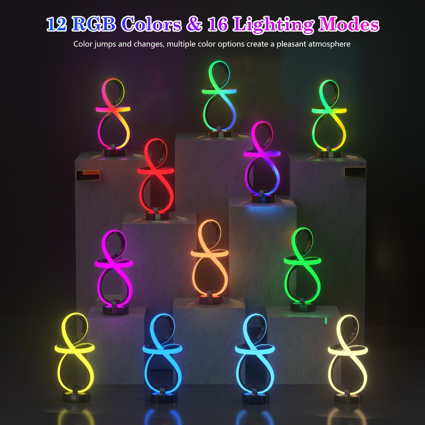 PutWish Spiral LED Table Lamp, 16 RGB Modes, Touch & Remote Control, 3-Way Dimmable, Black, Model MT7195-1