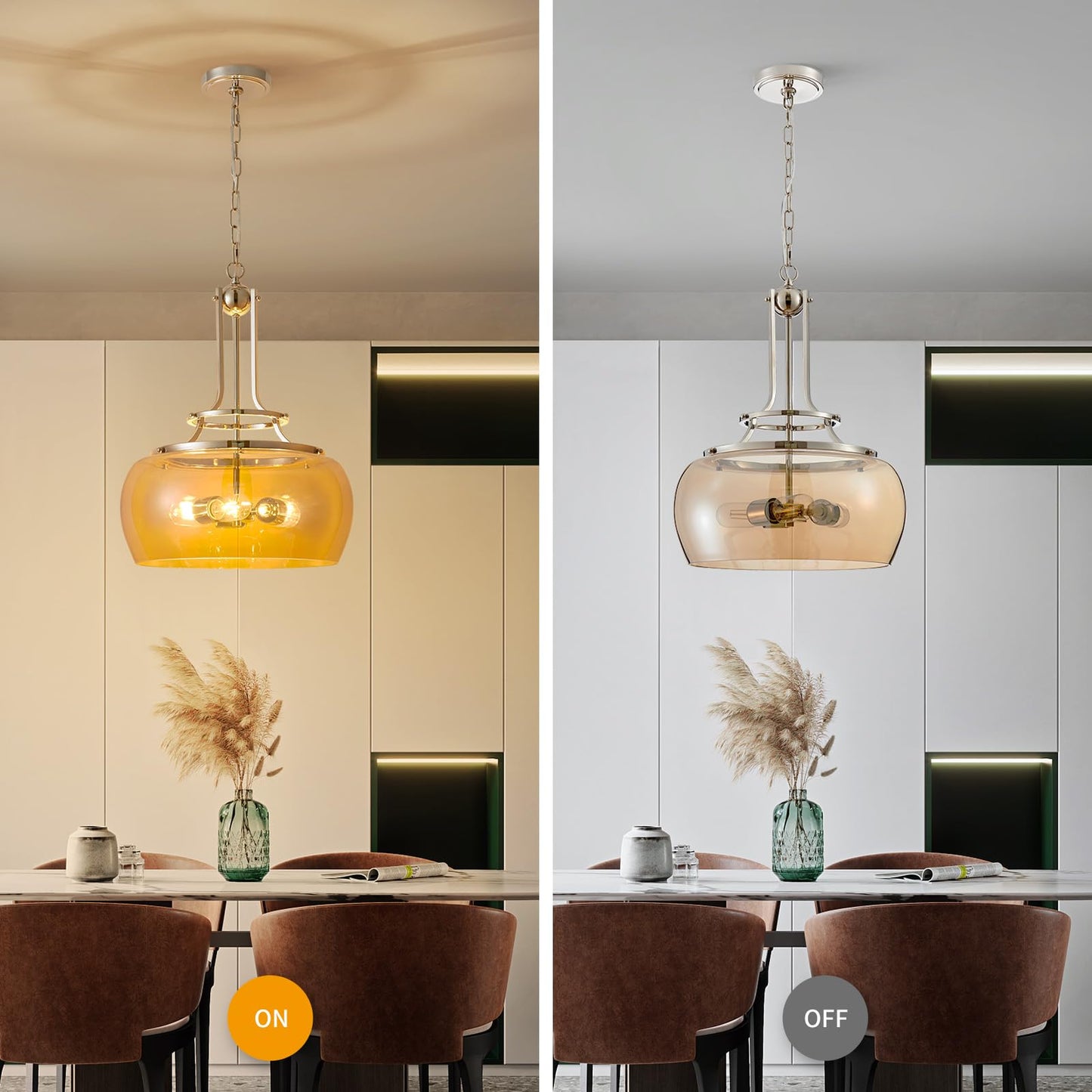 WUZUPS Nickel Chandelier LED Light Fixture, 3-Light Amber Glass Shade, H 20.9in W 15.9in, Rustic Farmhouse Industrial, Model USHD30308AR