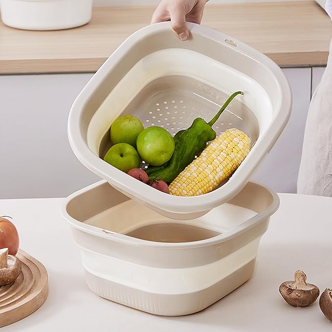 Collapsible Dish Basin with Colander, Foldable 2-in-1 Dish Pan and Strainer Set with Drain Holes, Portable Wash Basin for Kitchen Sink, Camping, Travel & RV (Green)