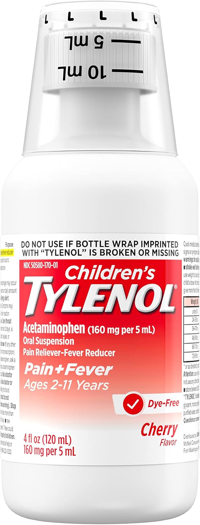 Children's Tylenol Liquid Oral Suspension Pain Reliever & Fever Reducer with Acetaminophen, Aspirin-, Ibuprofen-, High Fructose Corn Syrup- & Dye-Free, Cherry, 4 Fl. Oz