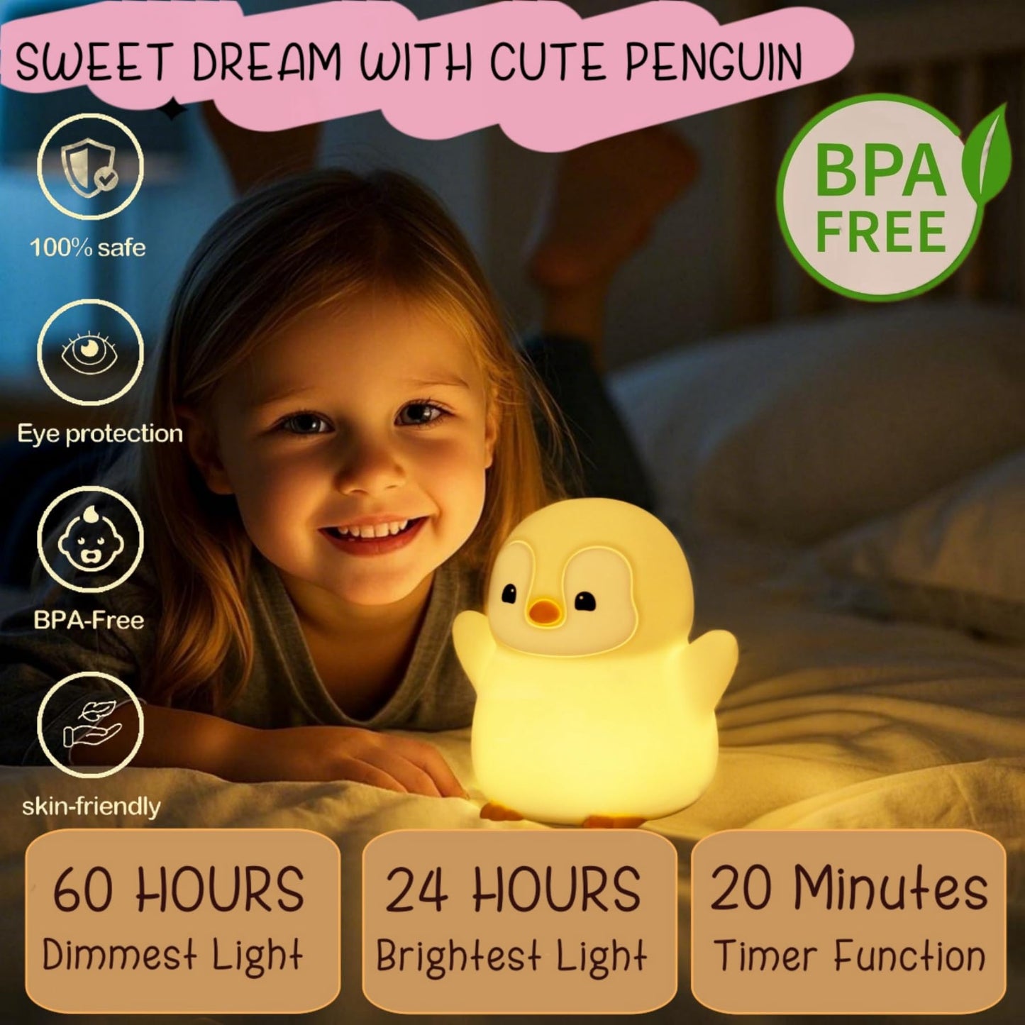 Yr Yrhh-Pet Cute Penguin Night Light  Led Squishy Xmas Penguin Lamp  Food Grade Silicone Dimmable Nightlight  Kids Gray Penguins Light  Rechargeable Light Up Penguins Gifts  Kids Room College Decor