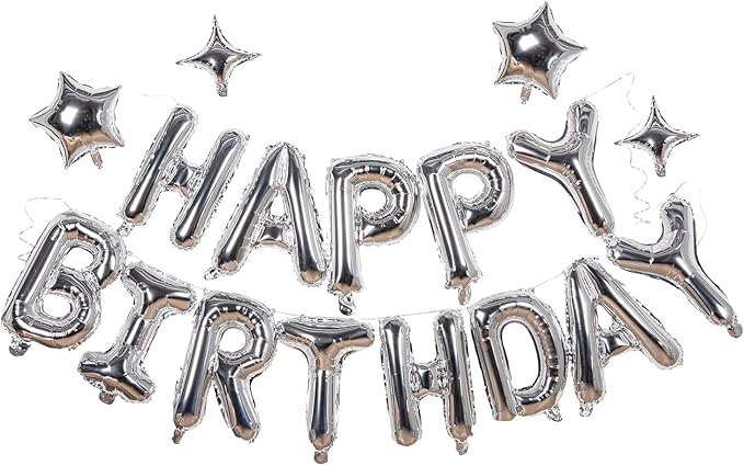 Silver Happy Birthday Banner Balloon Aluminum Foil 16 Inch Letter,10 Inch Five Pointed Star Four Pointed Star Suitable for...