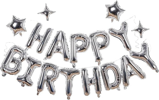 Silver Happy Birthday Banner Balloon Aluminum Foil 16 Inch Letter,10 Inch Five Pointed Star Four Pointed Star Suitable for...