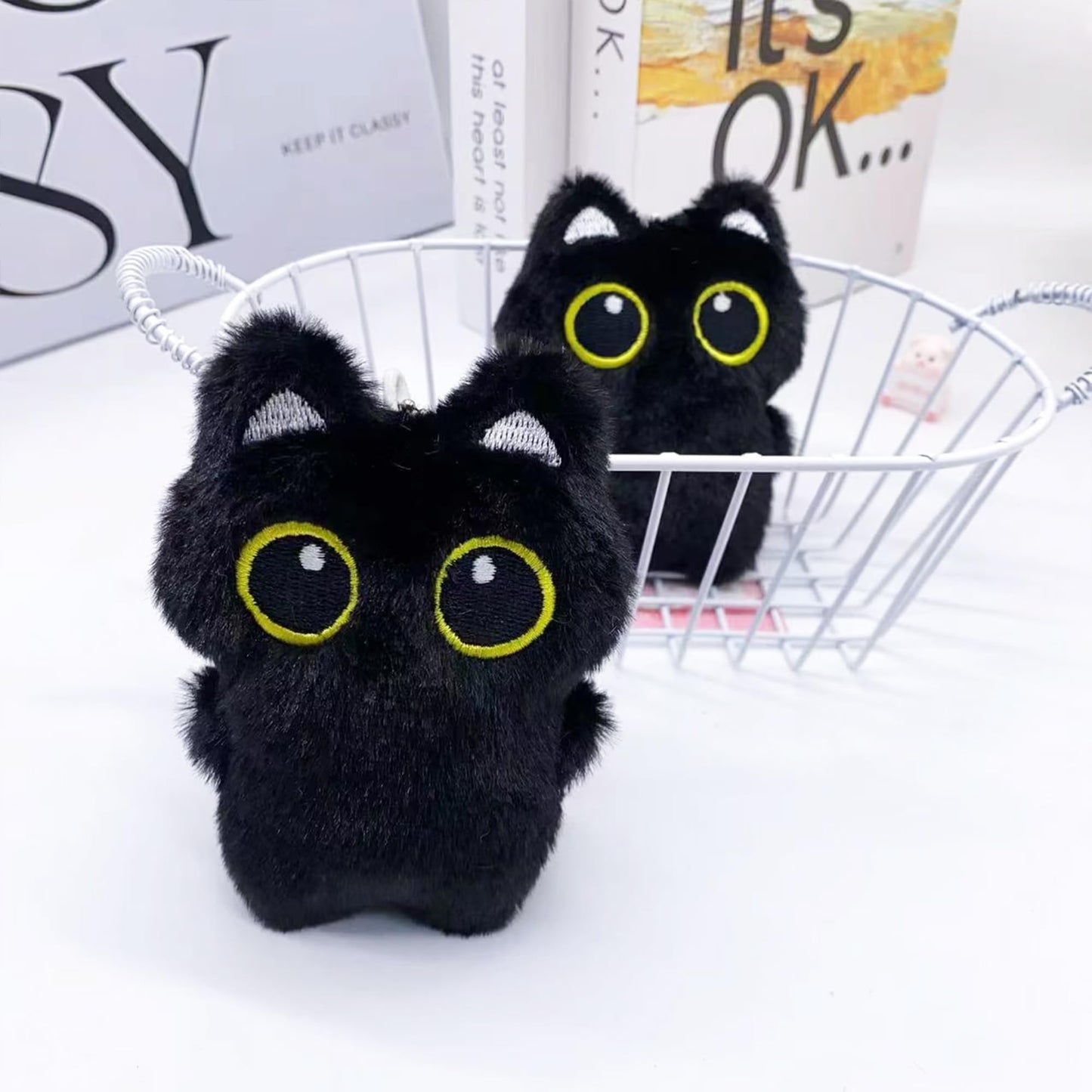 Fuerxy Black Cat Bag Charm, Cute Cat Plush Keychain, Black Cat Gifts for Handbags Backpacks Purse Keychain Accessories Charm Cat Lover Gifts