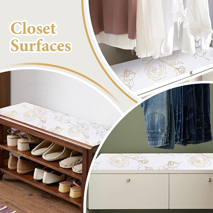 Shelf Liners for Kitchen Cabinets 17.5in x 20FT Non Adhesive Drawer Liner Gold Floral Thickened Shelf Liner Paper Strong Non-Slip Easy to Clean for Tool Box Refrigerator with Knife and Tape Measure