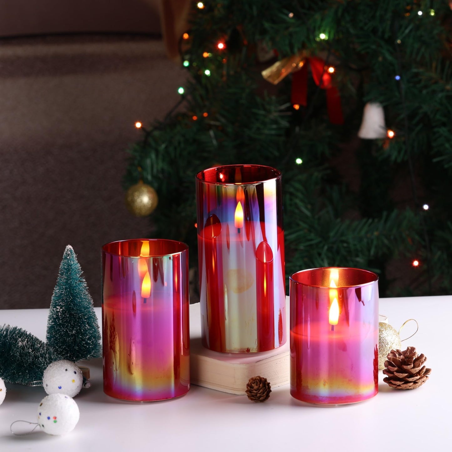 Eywamage Red Glass Flameless Pillar Candles with Remote, Flickering Christmas Battery LED Candles Holiday Decor Set of 3