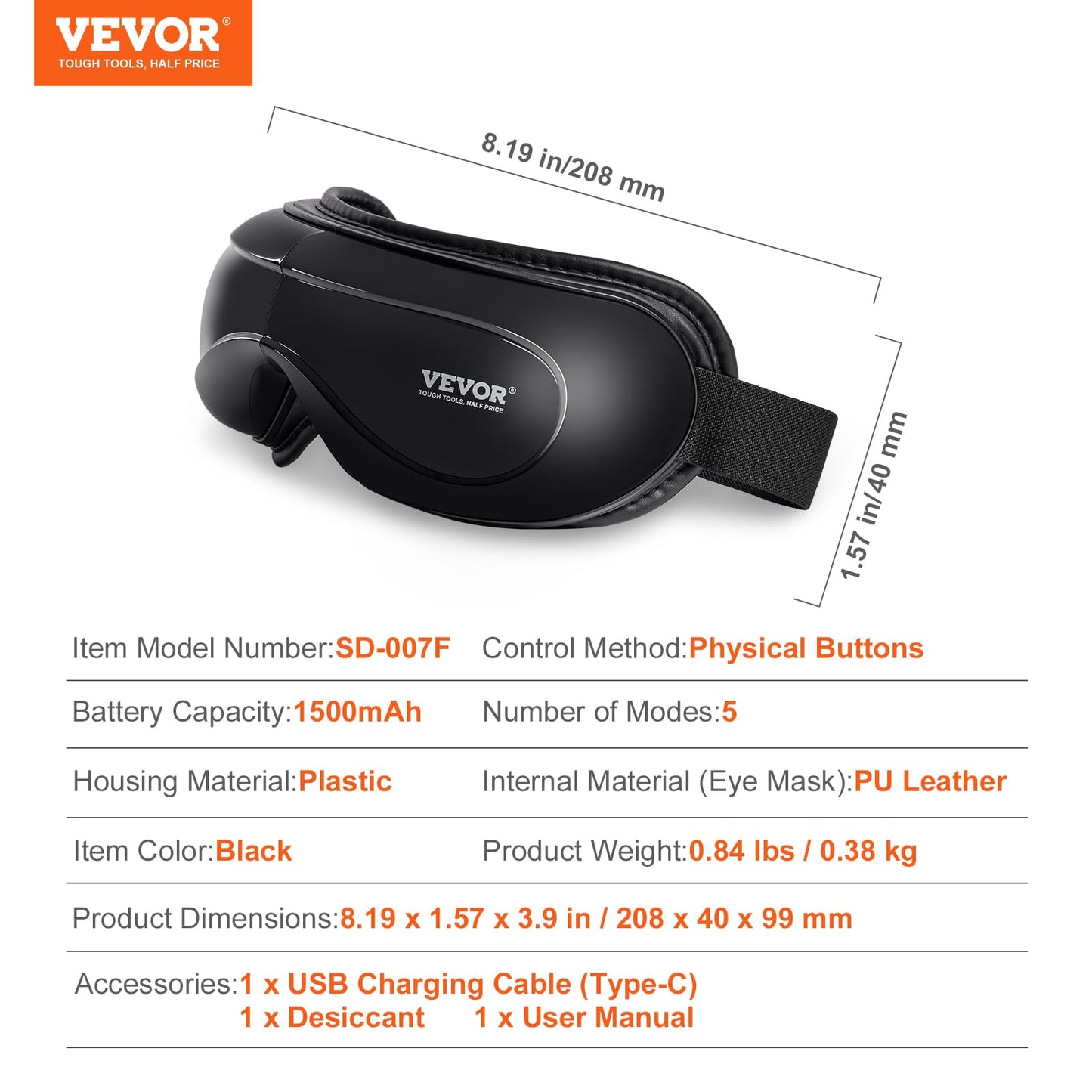 VEVOR Heated Eye Massager - 5 Modes, Bluetooth Music, Foldable, Ideal Gift for Parents, Black